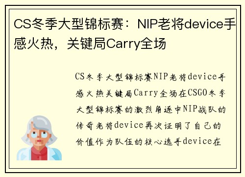 CS冬季大型锦标赛：NIP老将device手感火热，关键局Carry全场