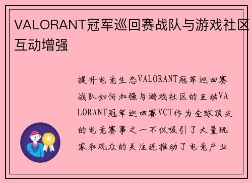 VALORANT冠军巡回赛战队与游戏社区互动增强