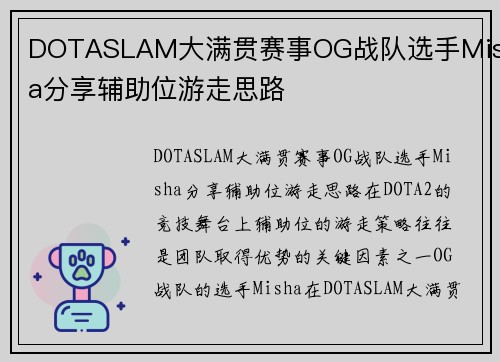 DOTASLAM大满贯赛事OG战队选手Misha分享辅助位游走思路