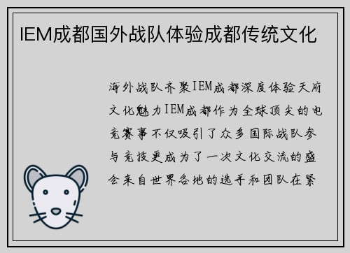 IEM成都国外战队体验成都传统文化